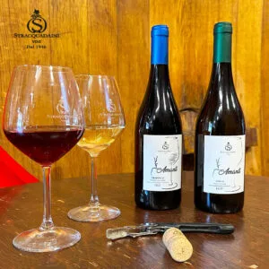 Due bicchieri di vino, due bottiglie Stracquadaini, tappo.